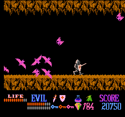 Wizards & Warriors (NES) screenshot: Chased by vicious bats!