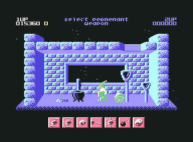 Wizball (Commodore 64) screenshot: Make a weapon permanent in the laboratory