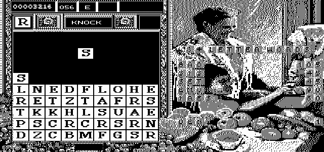 Wordtris (DOS) screenshot: The bottom is all filled up and my options are shrinking. (Hercules)