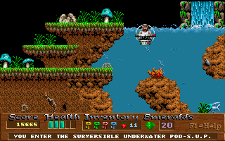 Xargon (DOS) screenshot: My submersible has horizontal guns only.