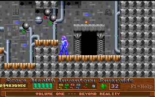 Xargon (DOS) screenshot: Entering further into the robot factory. These floating gun bots are really obnoxious.