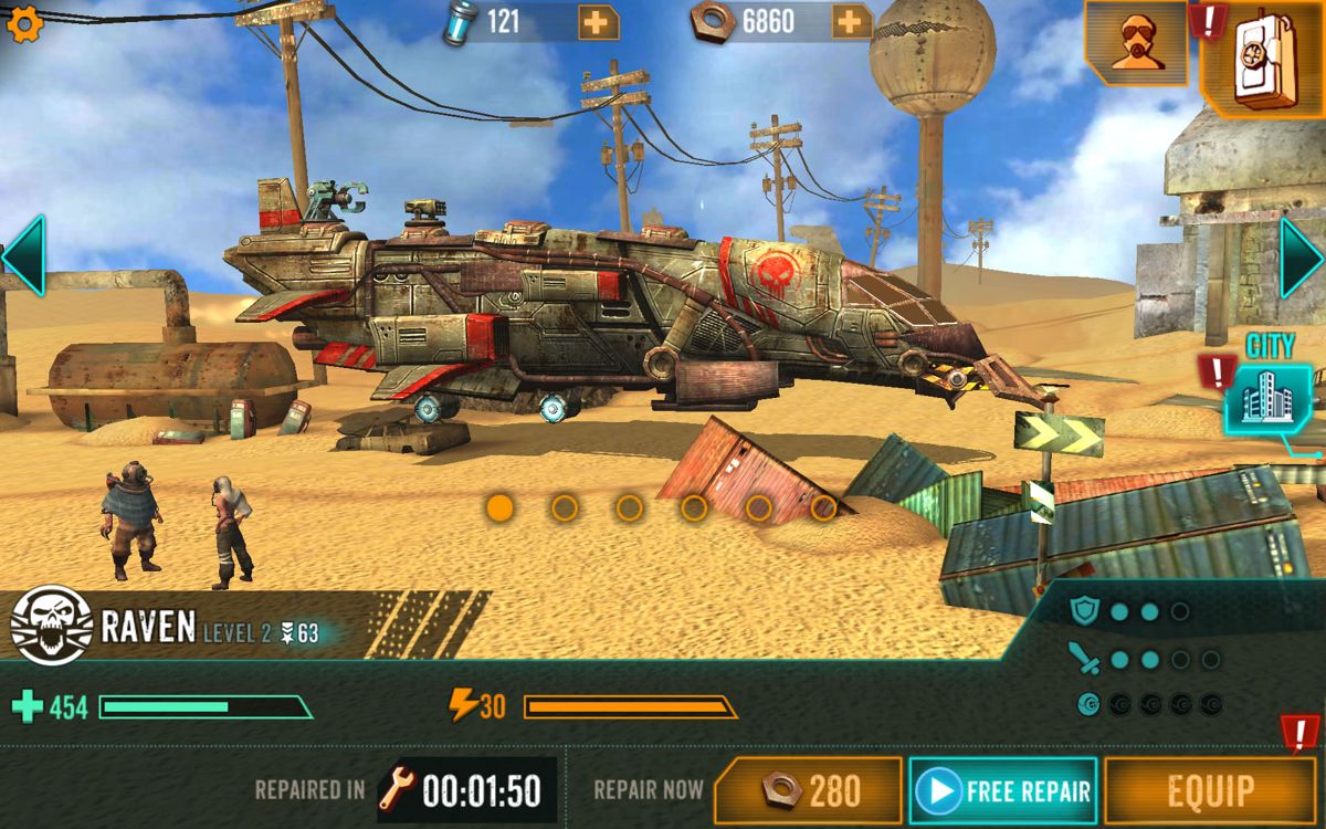 Sandstorm: Pirate Wars (Android) screenshot: Two minutes before the ship is fully repaired. You can also spend some bolts or watch a video to speed up the process.