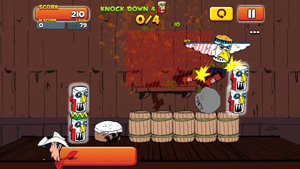 Lucky Luke: Shoot & Hit (Android) screenshot: Totem heads are hit by wine bottles. Are they already empty?