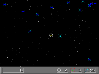 XQuest (DOS) screenshot: Your "ship", on a star field, surrounded by crystals. (v1.0)