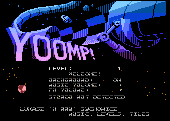 Yoomp! (Atari 8-bit) screenshot: Right off the bat you get a level select! It only lets you choose levels you've been to, though.