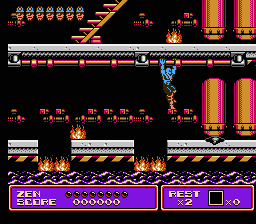 Zen: Intergalactic Ninja (NES) screenshot: Zen can also hang onto and move along ceilings