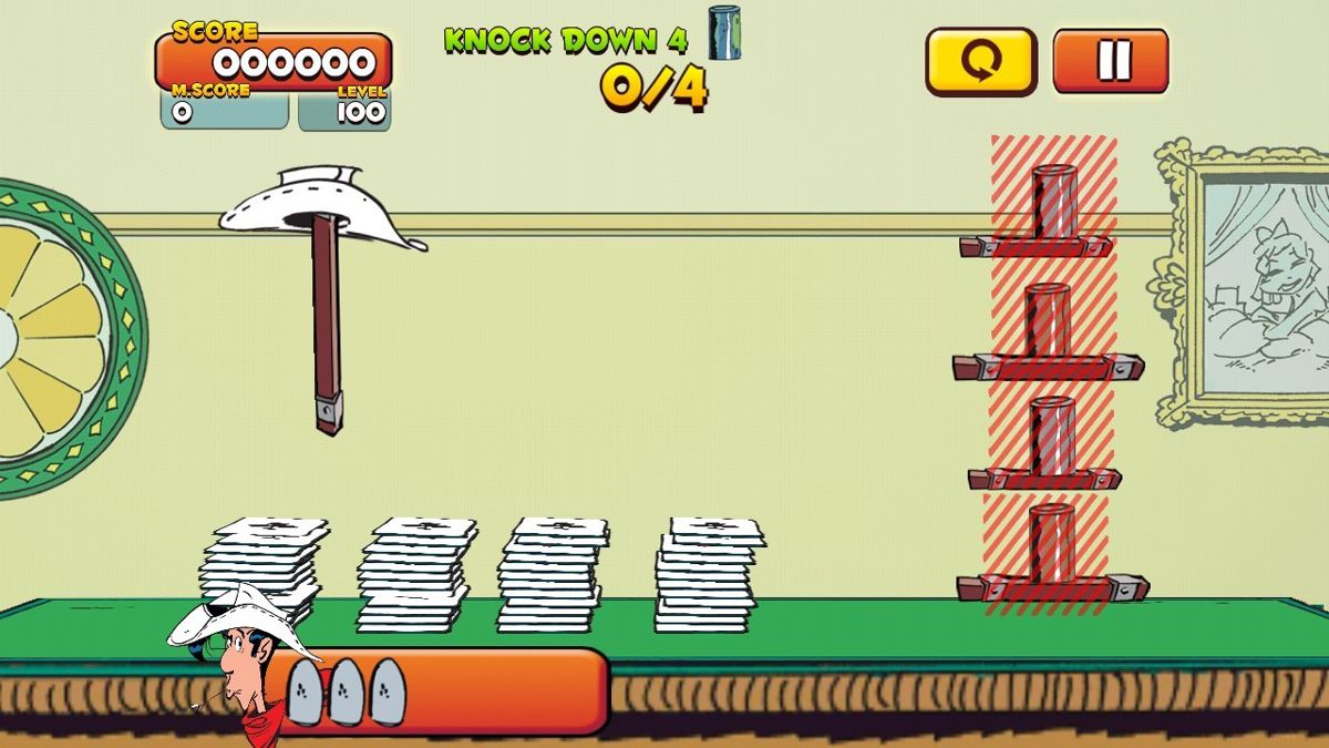 Lucky Luke: Shoot & Hit (Android) screenshot: Last level supposes that cards will help to hit 4 cans with 3 shots