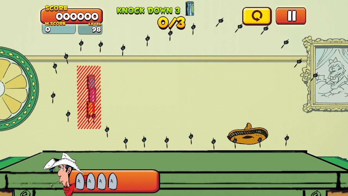 Lucky Luke: Shoot & Hit (Android) screenshot: Hit sombrero for several times to reach the cans