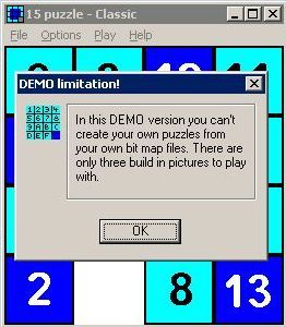 15 Puzzle (Windows) screenshot: The limitations of the demo version