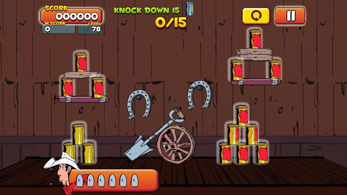 Lucky Luke: Shoot & Hit (Android) screenshot: In the warehouse with lucky horseshoes and a shovel