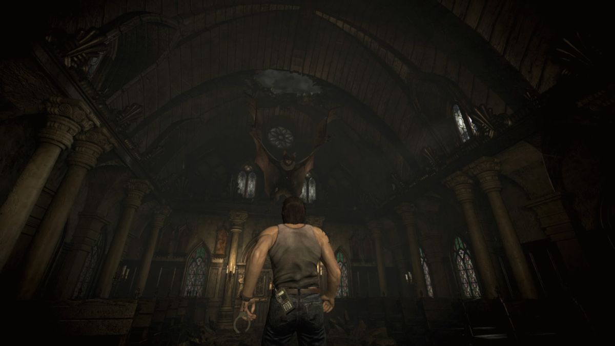 Resident Evil 0 (PlayStation 4) screenshot: Fighting a giant bat in the church