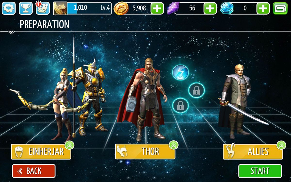 Thor: The Dark World (Android) screenshot: Main characters screen