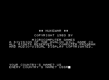 Nukewar (Commodore PET/CBM) screenshot: Select opposing countries for battle