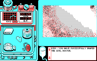 Life & Death (DOS) screenshot: Appendectomy 101. Scrub up, disinfect and drape the patient's skin.