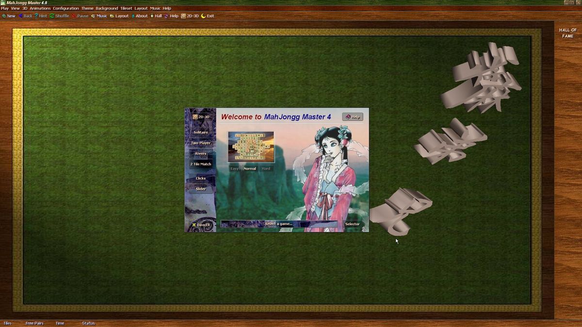 MahJongg Master 4 (Windows) screenshot: In this screen the player selects the kind of game they want to play and whether it's 2D or 3D<br>The Chinese characters blow across the screen in the background