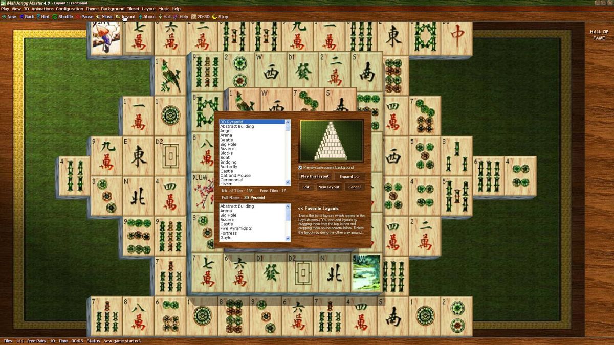 MahJongg Master 4 (Windows) screenshot: A full screen, 3D game. In the foreground is the layout selection dialogue box. In the background is a 3D layout using a traditional tileset <br>The menu bars can be hidden to reduce distration