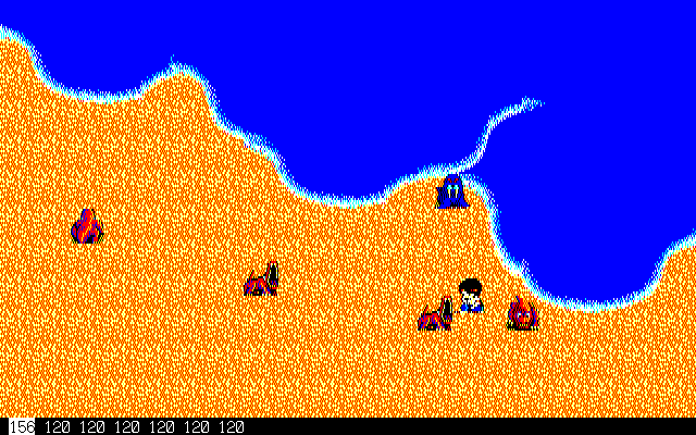 First Queen II: Sabaku no Joō (PC-98) screenshot: Fighting pesky red guys on a beach