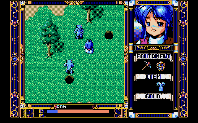 Fray in Magical Adventure (PC-98) screenshot: Creepy blue guys just pop out of those holes