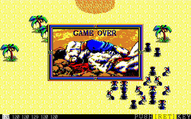 First Queen II: Sabaku no Joō (PC-98) screenshot: Game Over... surrounded and killed by crazy mutant ants