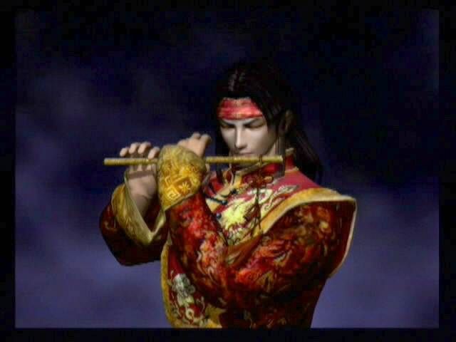 Dynasty Warriors 2 (PlayStation 2) screenshot: Tranquil Melody. Zhou Yu plays a tune before battle in the opening sequence. Filled with heavy rock music, this is one of the few peaceful moments in the soundtrack.