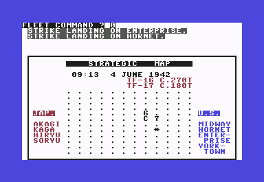 Midway Campaign (Commodore 64) screenshot: All planes return to Enterprise and Hornet