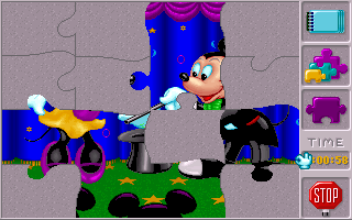 Mickey's Jigsaw Puzzles (DOS) screenshot: Placing pieces and building the puzzle