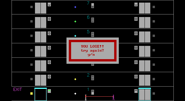 Elevators from Hell (DOS) screenshot: Unfortunately the elevator door closed... and the Robo Guard killed me :(
