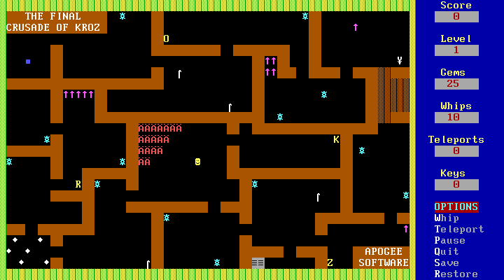 The Final Crusade of Kroz (DOS) screenshot: Level 1 (color)