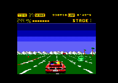 OutRun (Amstrad CPC) screenshot: The VW Beetle is no match to our Ferrari