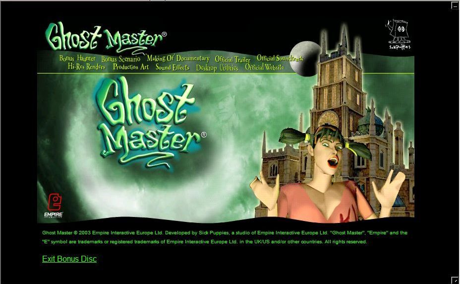 Ghost Master (Collector's Edition) (Windows) screenshot: The bonus disc opens up a browser window with this menu screen. It loads with a loud sound effect of a scream