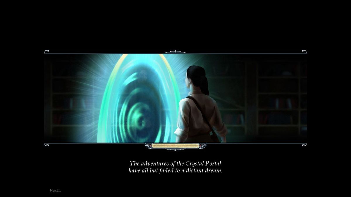 The Mystery of the Crystal Portal 2: Beyond the Horizon (Windows) screenshot: The game starts with an introduction of sorts while it loads. The background moves slowly while pieces of text are displayed beneath it.<br>The same device is used in-game between locations