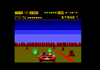 OutRun (Amstrad CPC) screenshot: About to have a close Beetle encounter of the 3rd kind.