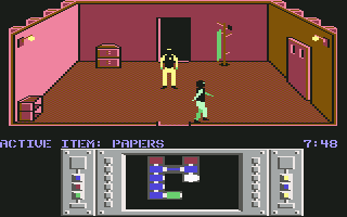 Infiltrator (Commodore 64) screenshot: Mission 1 - Now I'm dressed as a janitor which fools most of the guards.