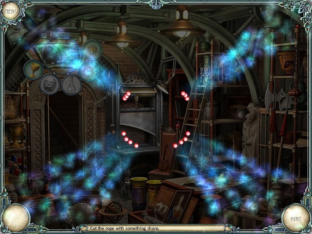 The Mystery of the Crystal Portal 2: Beyond the Horizon (Windows) screenshot: Scattered on the screens are red dots. If the player collects enough of these the game unlocks a new outer frame