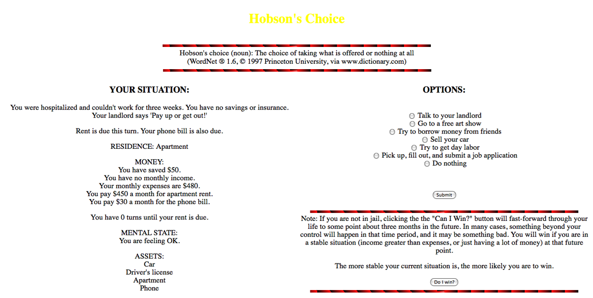 Hobson's Choice (Browser) screenshot: Perl version starting screen