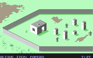 Infiltrator (Commodore 64) screenshot: Mission 2 - The prison building where Dr. Gump is being held.