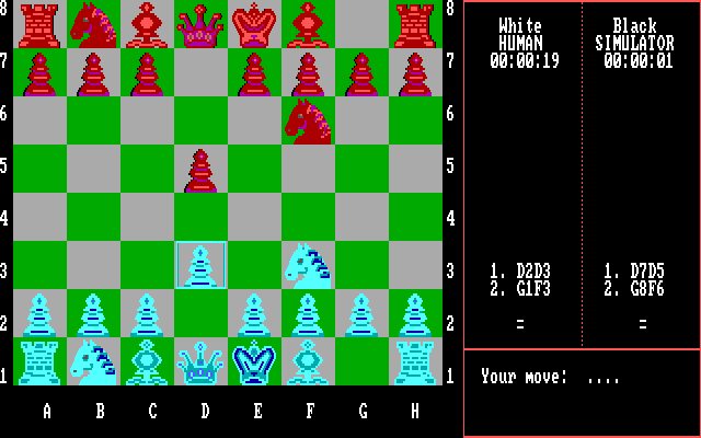 Chess Simulator (DOS) screenshot: 2D Board (EGA).