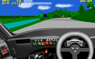 Car and Driver (DOS) screenshot: Behind the steering wheel of the Mercedes C11 IMSA.