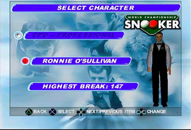 World Championship Snooker (PlayStation) screenshot: Select Character