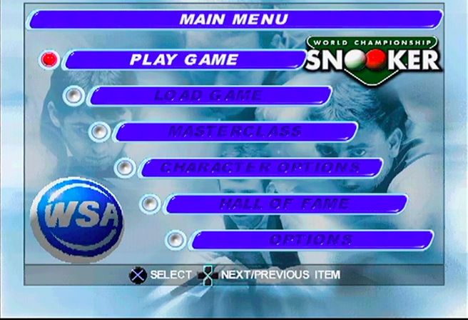 World Championship Snooker (PlayStation) screenshot: Main Menu