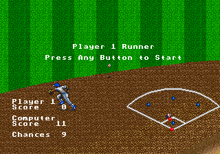 R.B.I. Baseball '94 (Genesis) screenshot: Pickles mode has the player trying to make an out by throwing the ball to the correct base on time