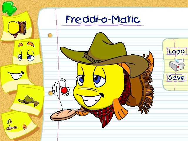 Freddi Fish's One-Stop Fun Shop (Windows) screenshot: ...and change Freddi's look, save, and find the picture on the decorating page as a sticker.