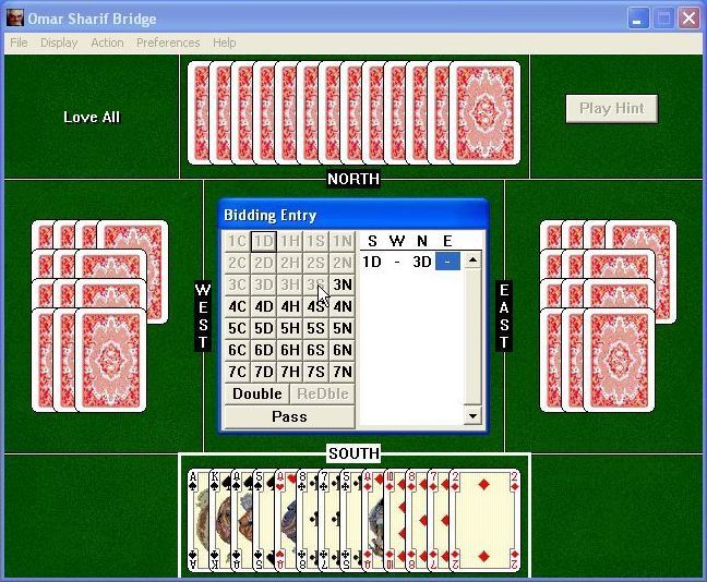 Omar Sharif Bridge (Windows) screenshot: A game in progress, this is the bidding round