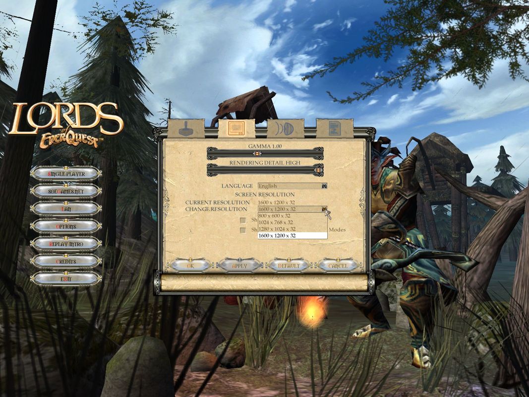 Lords of EverQuest (Windows) screenshot: The game configuration options. 1600 x 1200 x 32 is the highest resolution possible