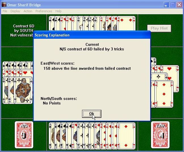 Omar Sharif Bridge (Windows) screenshot: The end of a hand. This is a summary, it is followed by a scoresheet