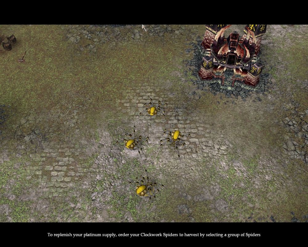 Lords of EverQuest (Windows) screenshot: The game uses clockwork spiders to mine precious metals. <br><br>From the tutorial