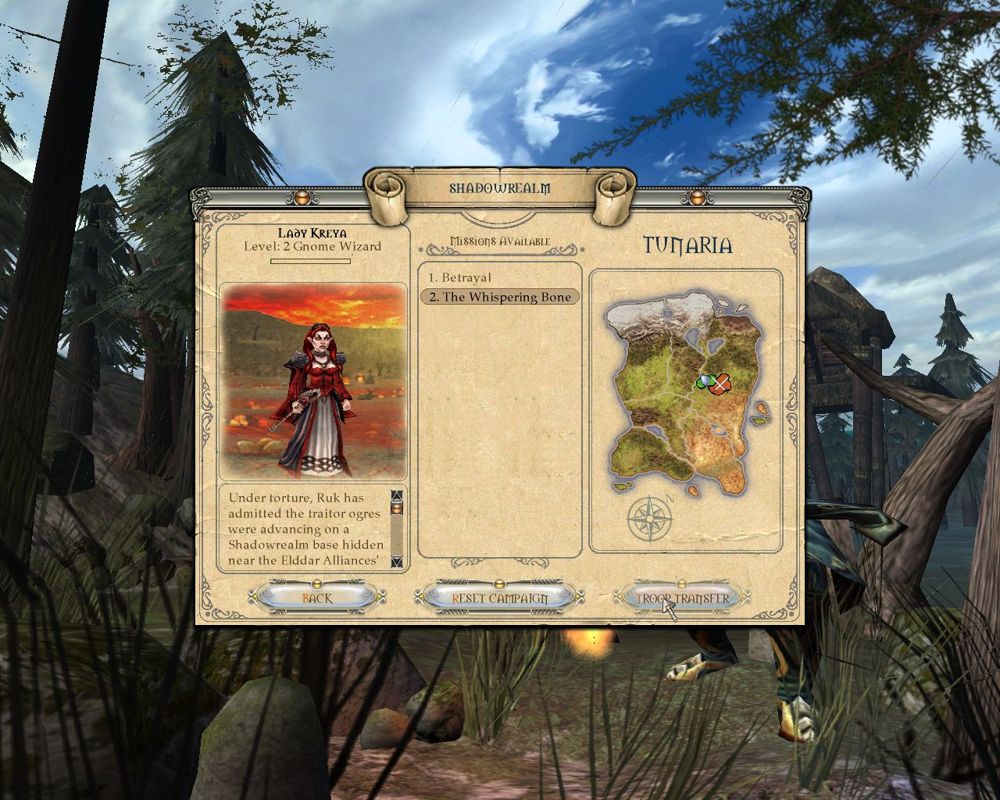 Lords of EverQuest (Windows) screenshot: The start of the second mission begins with a briefing. After this the player has to assign points to some of the remaining soldiers