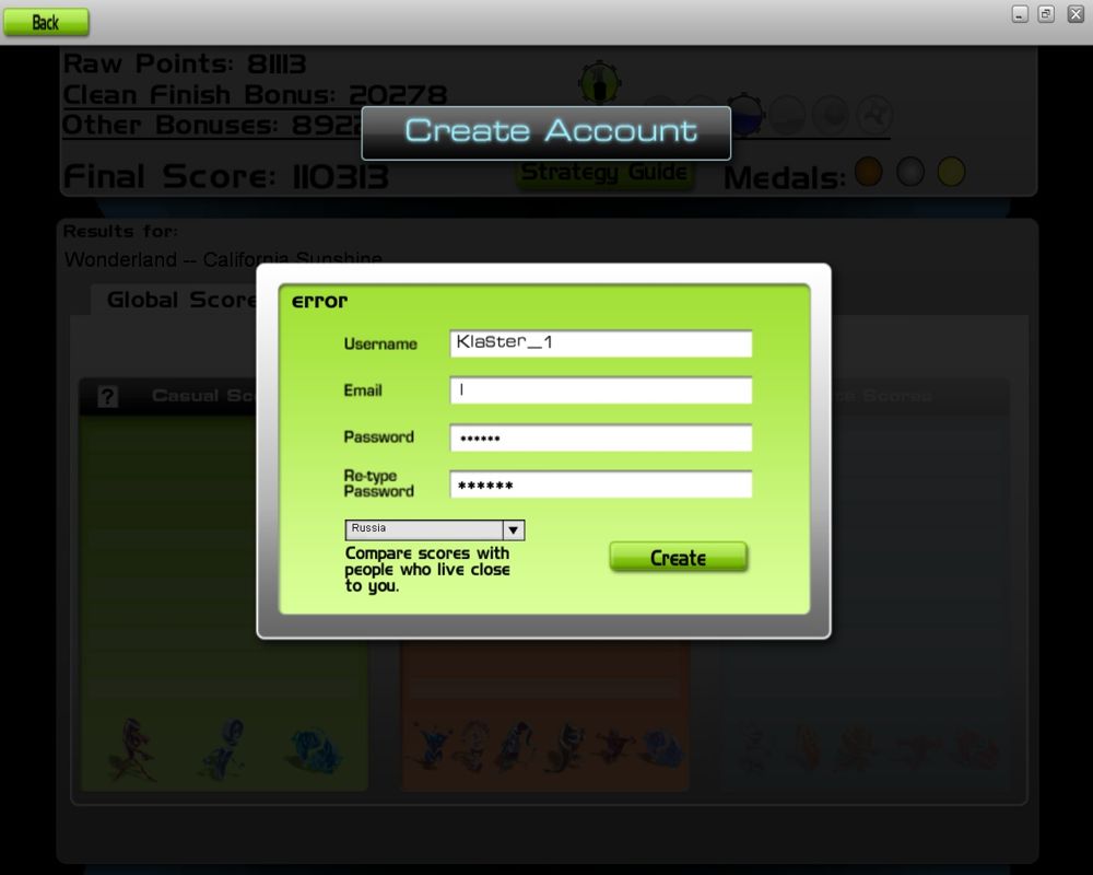 Audiosurf (Windows) screenshot: Creating an account.