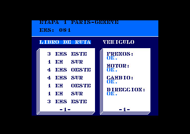 Paris-Dakar (Amstrad CPC) screenshot: Road book