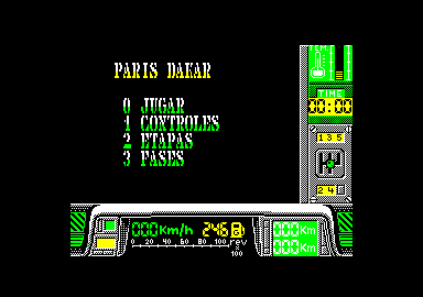 Paris-Dakar (Amstrad CPC) screenshot: Game menu